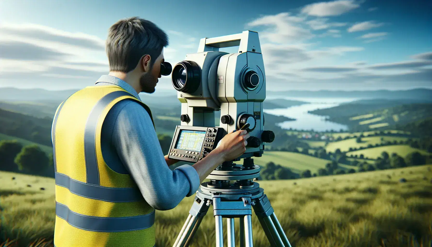 Professional surveyor using a total station on a tripod in a grassy field with rolling hills under a clear blue sky, wearing a high-visibility vest and hard hat.