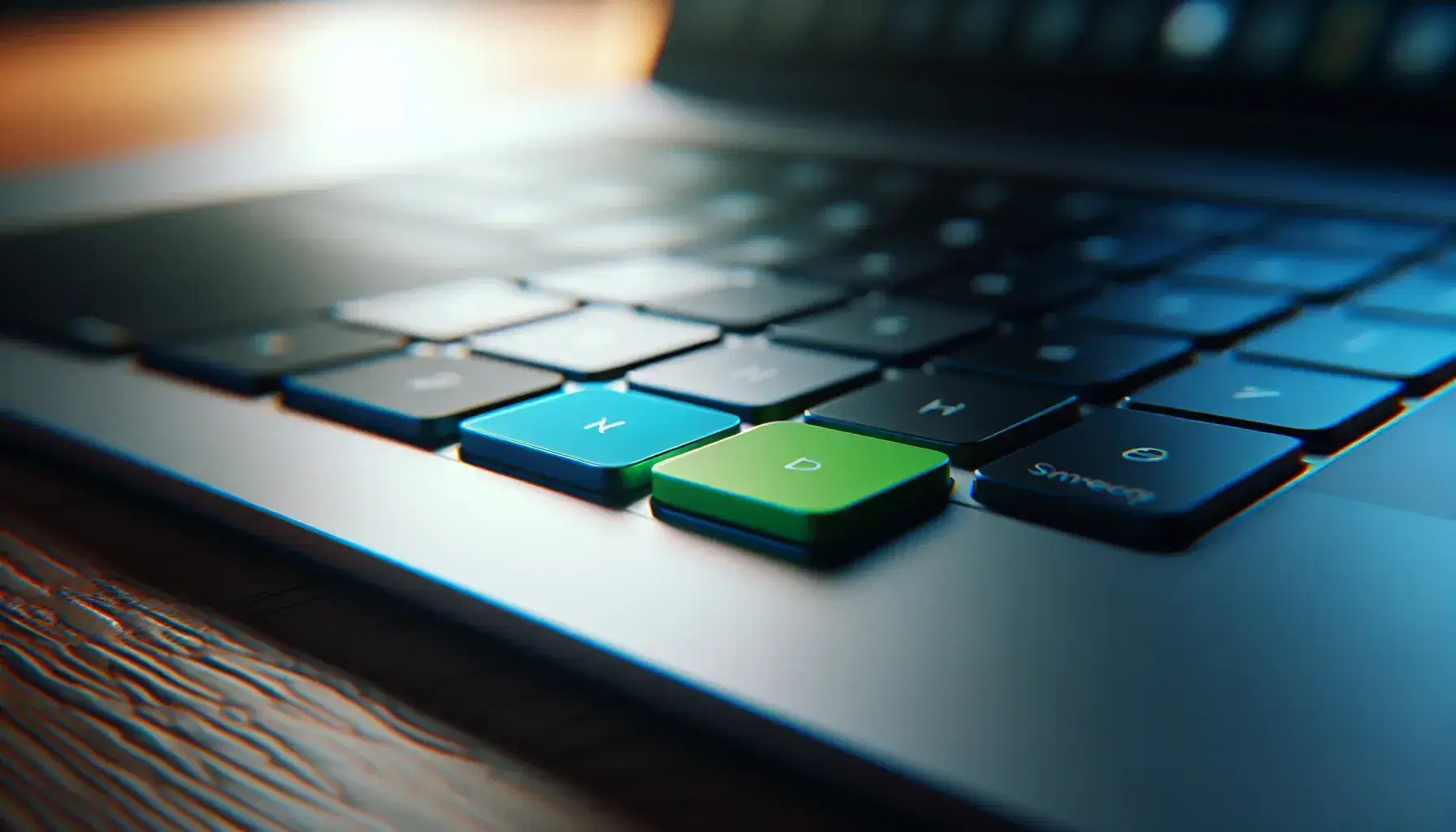 Close-up of a computer keyboard with blue and green keys highlighted on a black background, placed on a wooden desk, with no legible symbols.