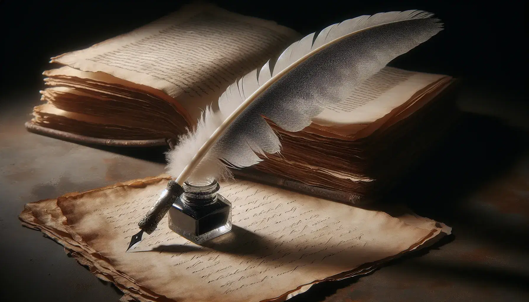 Penna d'oca bianca posata su carta antica ingiallita con calamaio d'inchiostro e libro aperto sfocato sullo sfondo.