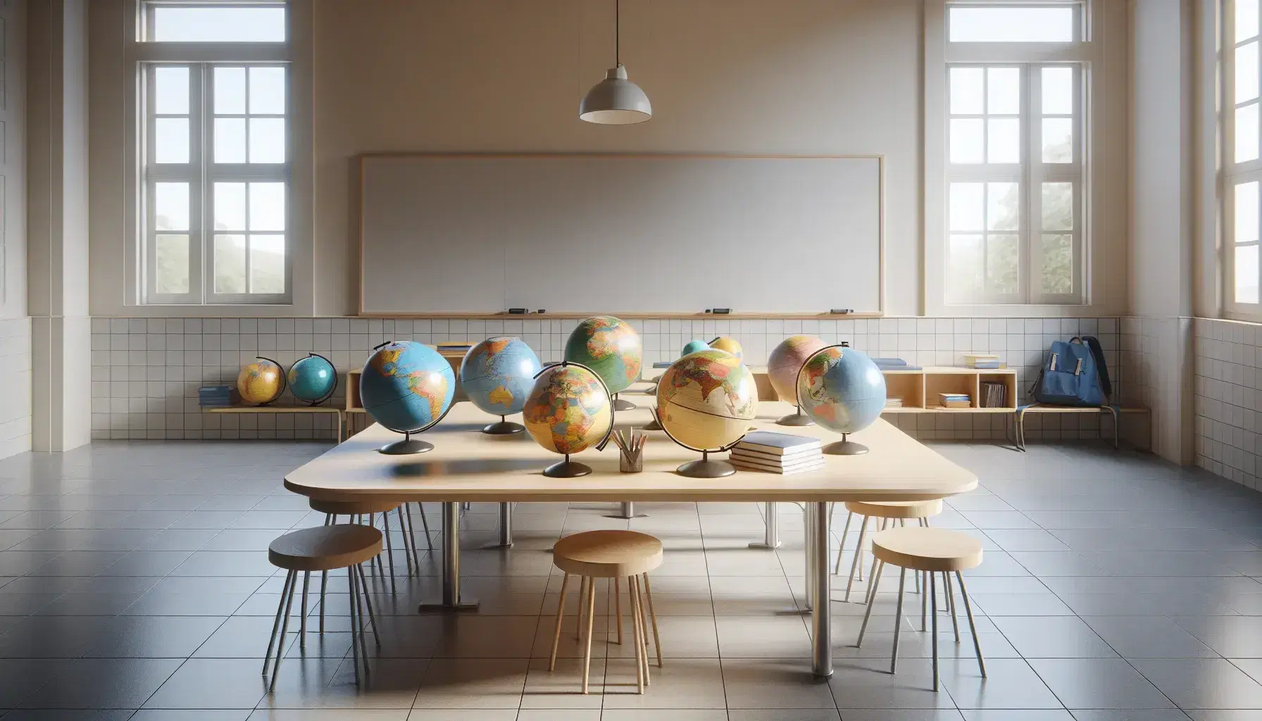 Aula con mesa de madera y globos terráqueos de colores, pizarra blanca al fondo, silla azul y mochila roja en el suelo, ventana con vista a árboles.