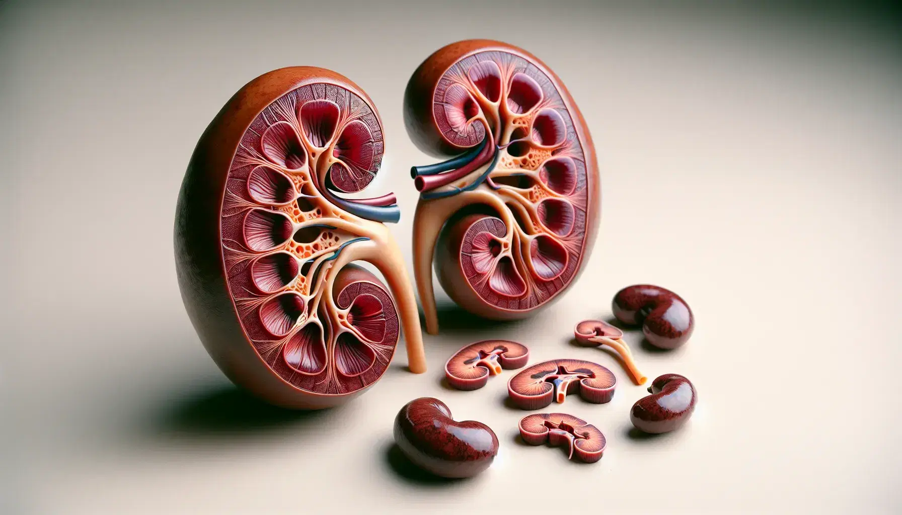 Riñones humanos reales y modelo de nefrón aislado mostrando la anatomía interna y las estructuras del sistema urinario.