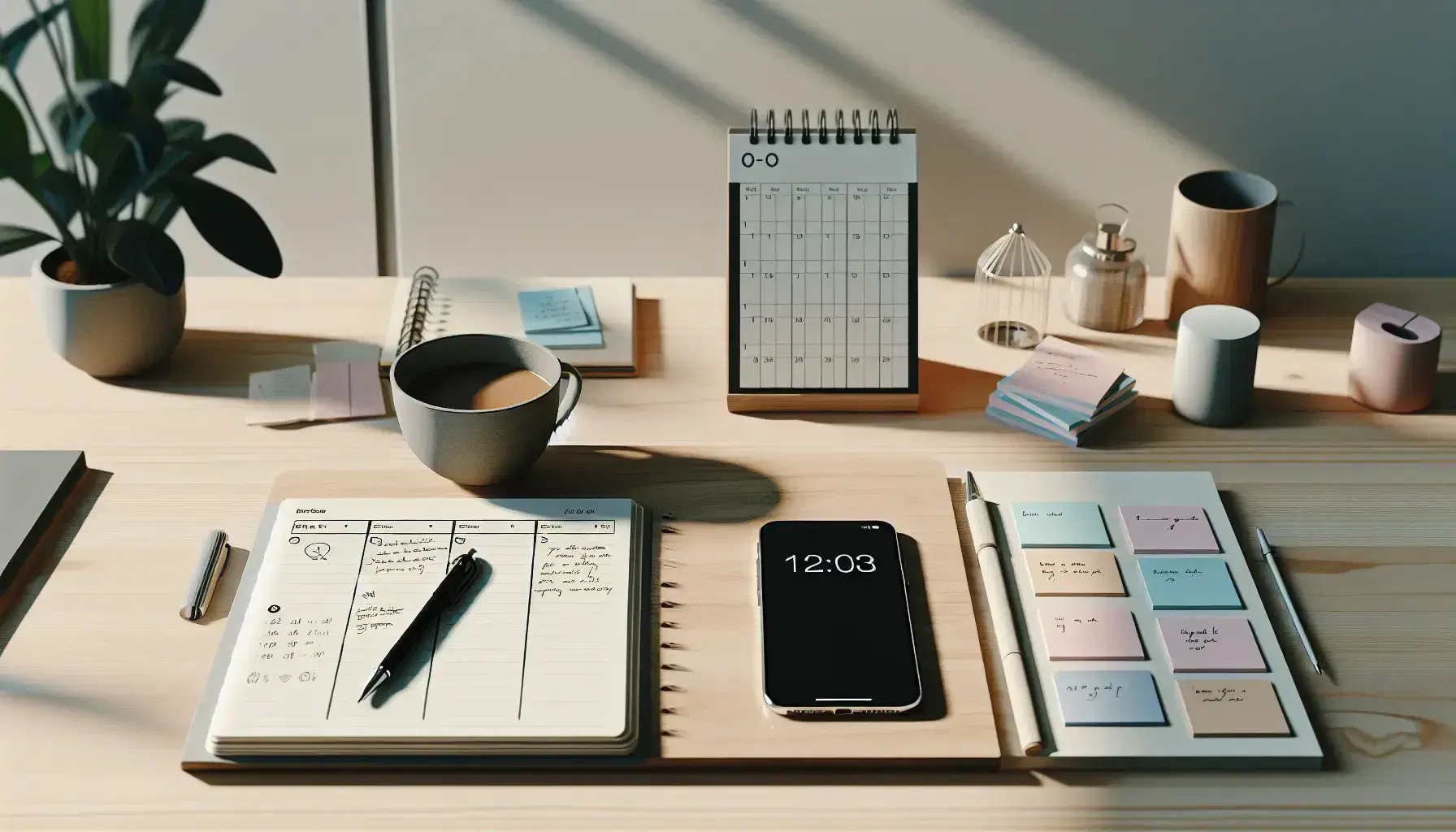 Escritorio de oficina de madera clara con bloc de notas, calendario, post-its, taza de café humeante, smartphone y gafas, junto a planta interior bajo luz natural.