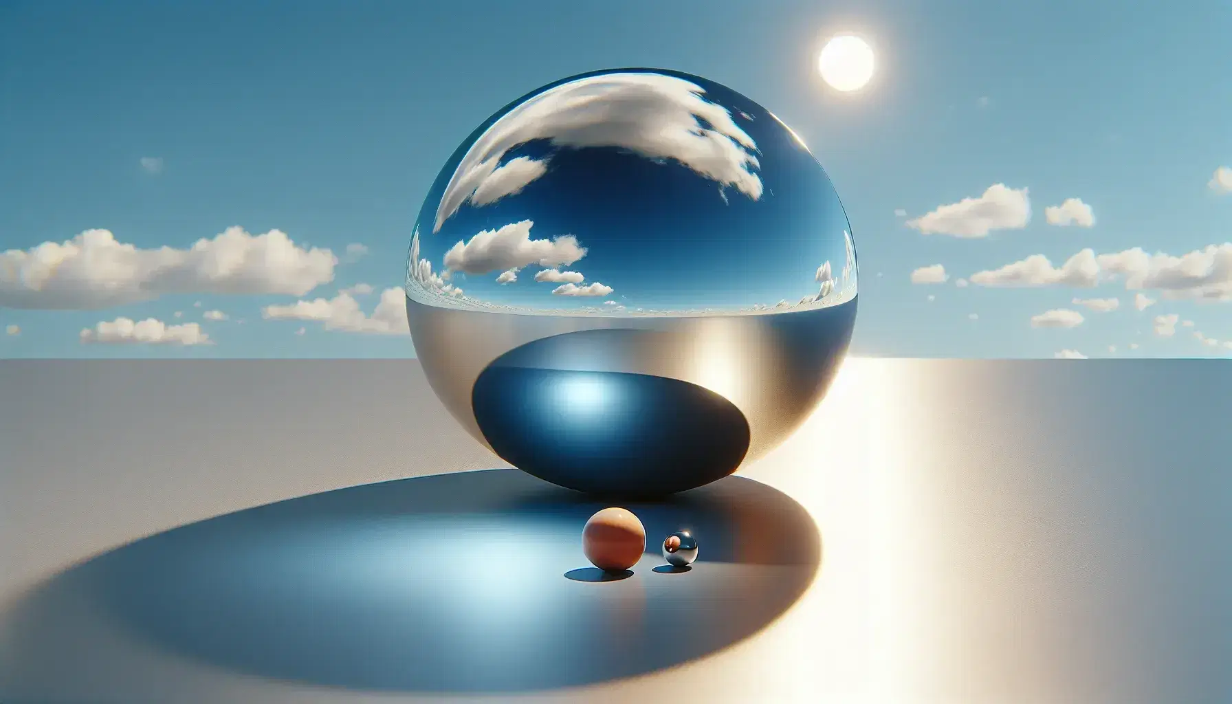 Large glossy metallic sphere reflecting blue sky and clouds on flat surface with smaller spheres and compass indicating geometry and light interaction.