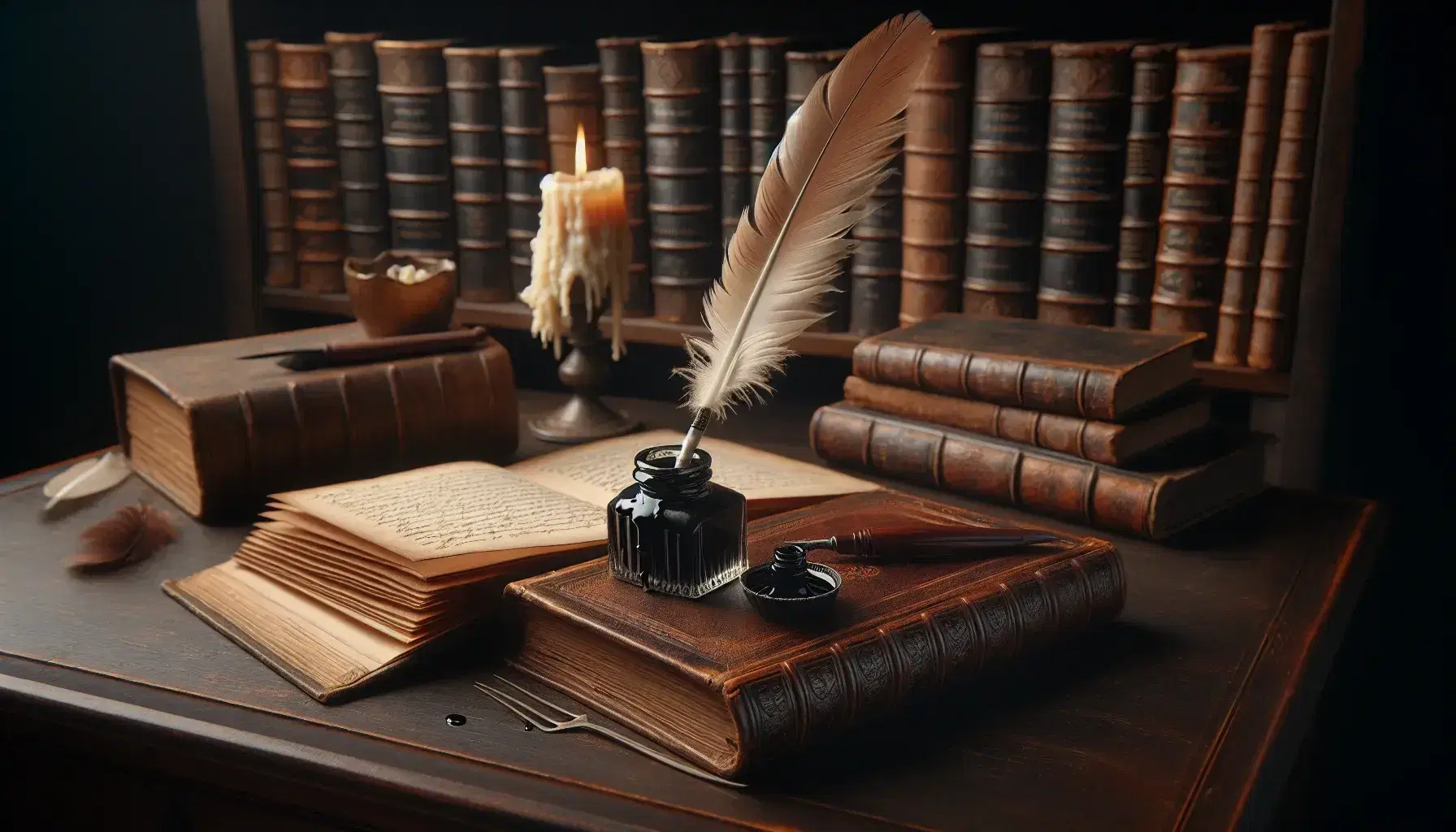 Scrivania antica in legno scuro con calamaio, penna d'oca, libro in pelle marrone aperto e candela consumata, su sfondo di libreria con volumi antichi.
