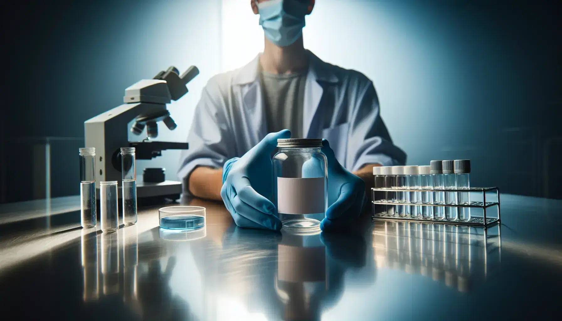 Manos con guantes de látex sosteniendo frasco transparente con etiqueta blanca en laboratorio, con colega y equipo científico al fondo.