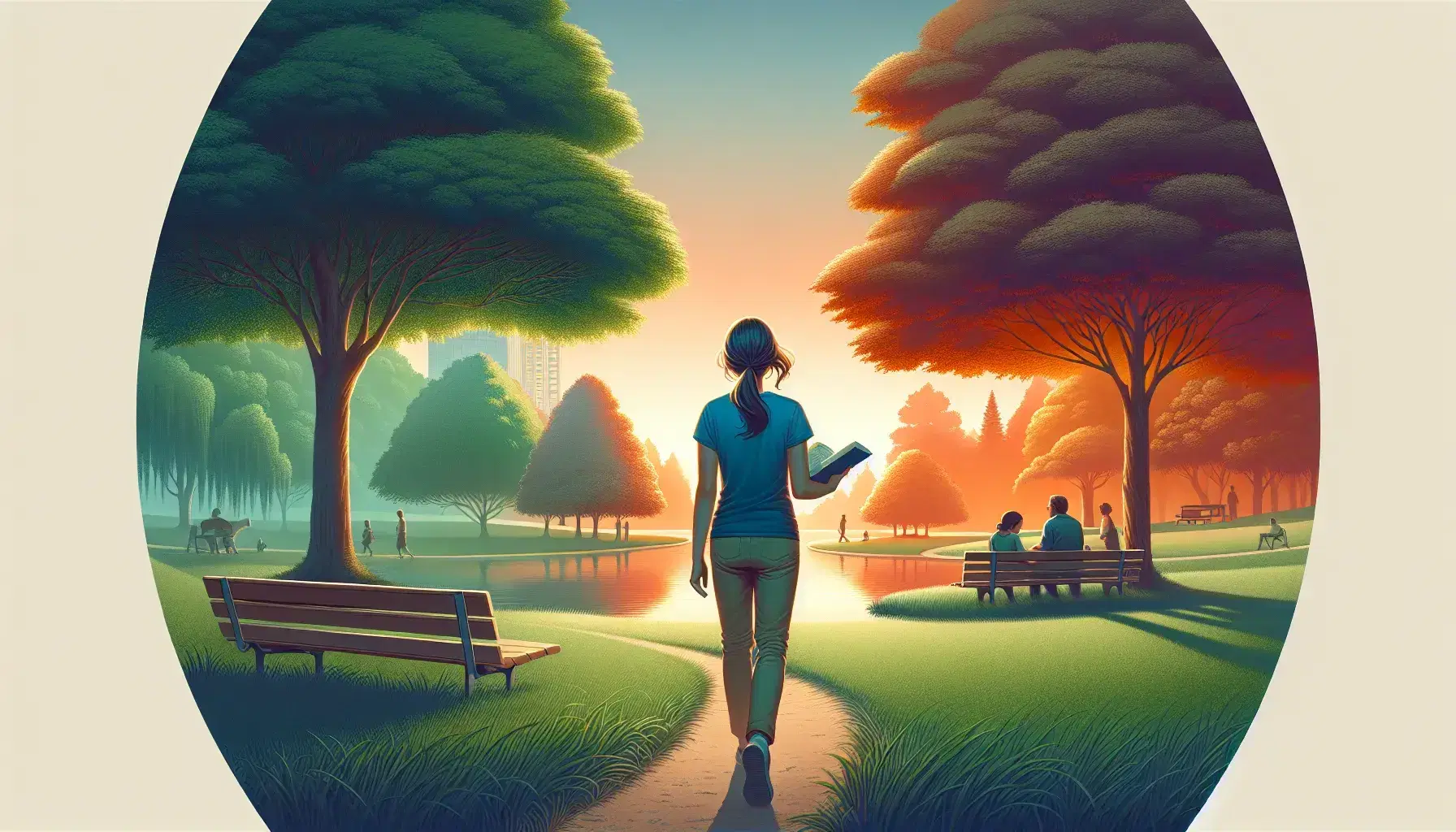 Persona che cammina su sentiero in parco al tramonto, leggendo un libro, con alberi autunnali, lago e gruppo di persone sedute.