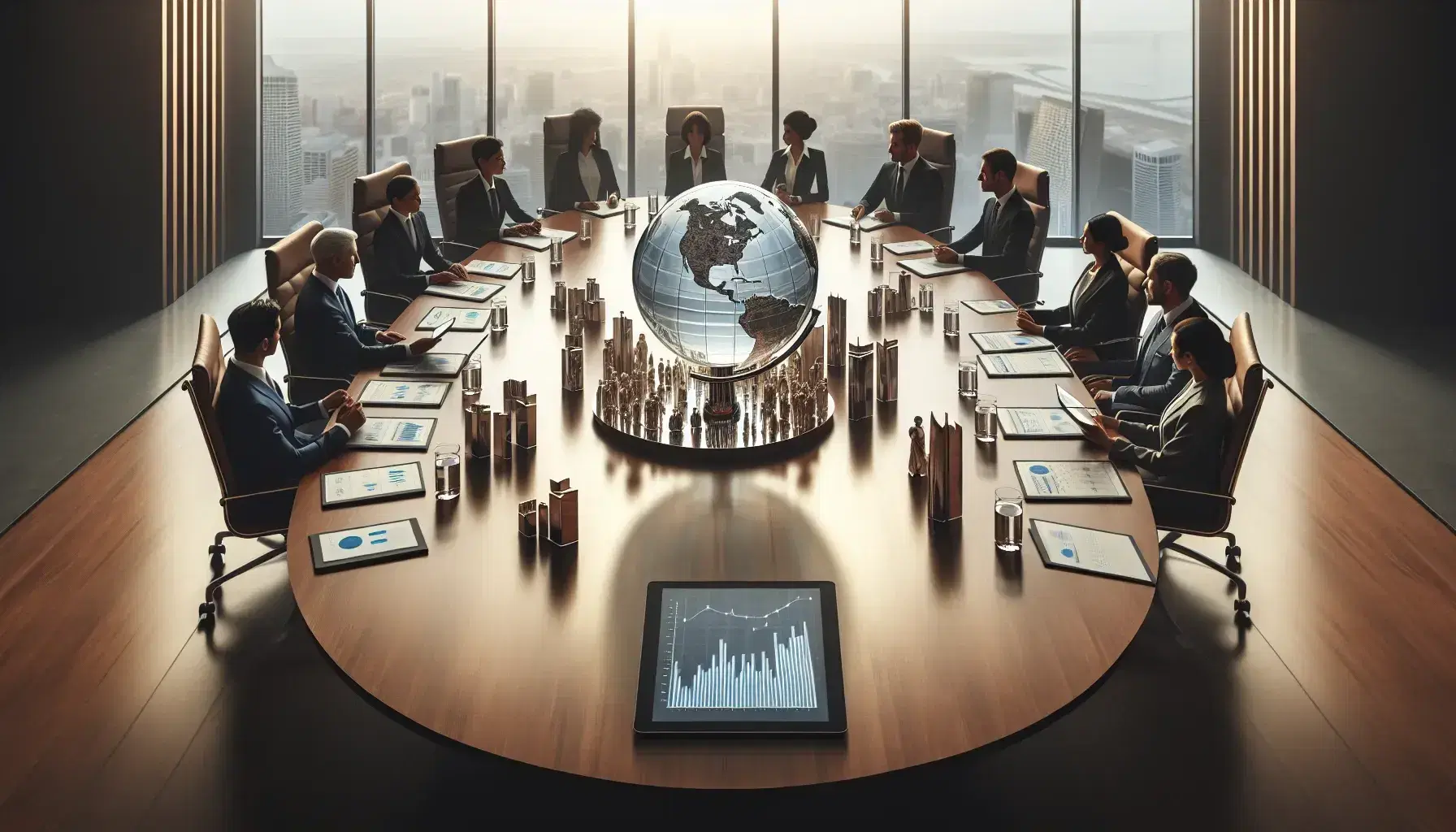 Diverse professionals engaged in a financial meeting around an oval table with a glass globe and metal building models, in a modern office with city views.