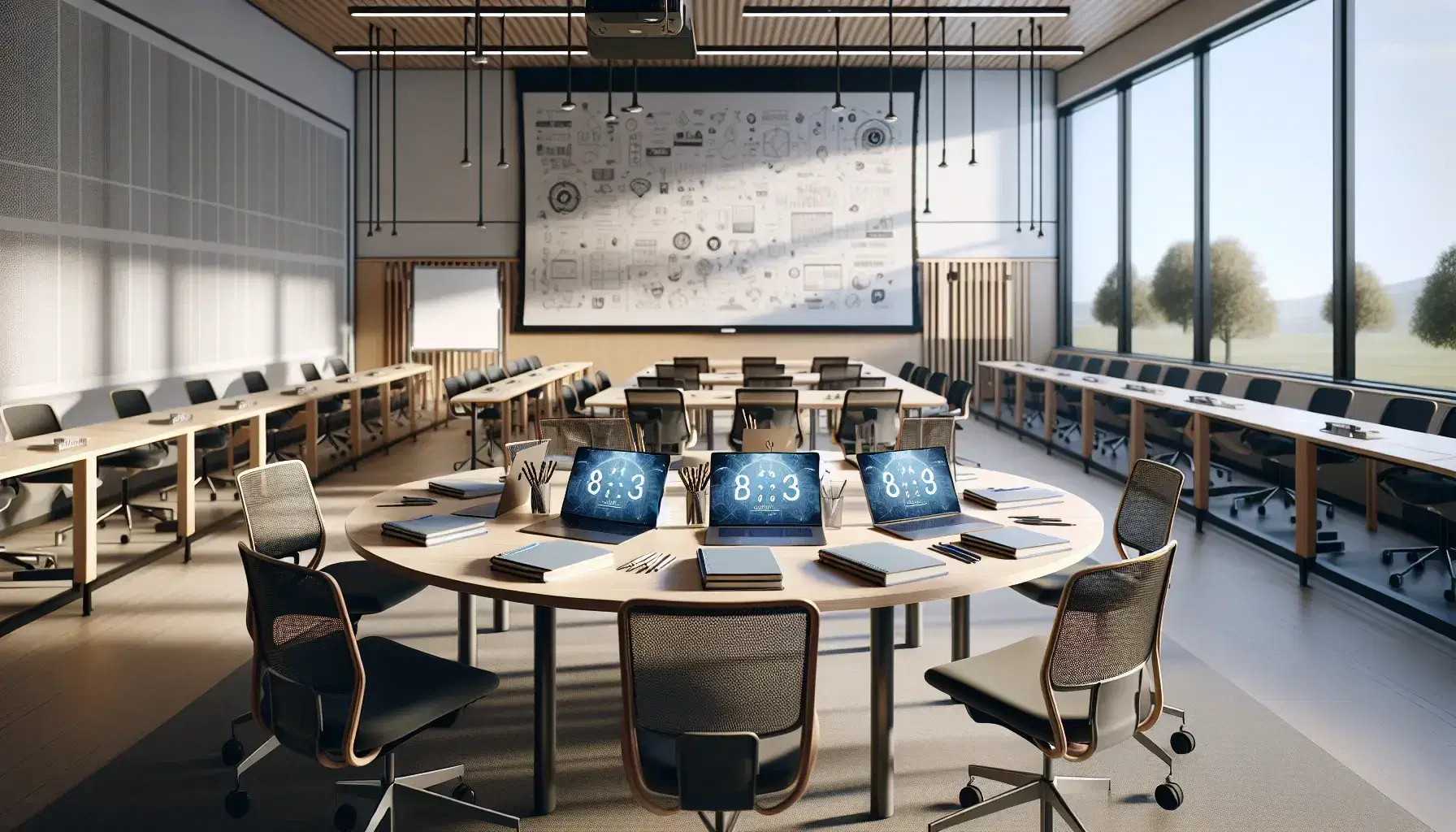 Aula universitaria moderna con mesa redonda de madera, sillas ergonómicas, laptops, cuadernos y proyector apagado, iluminada por luz natural.
