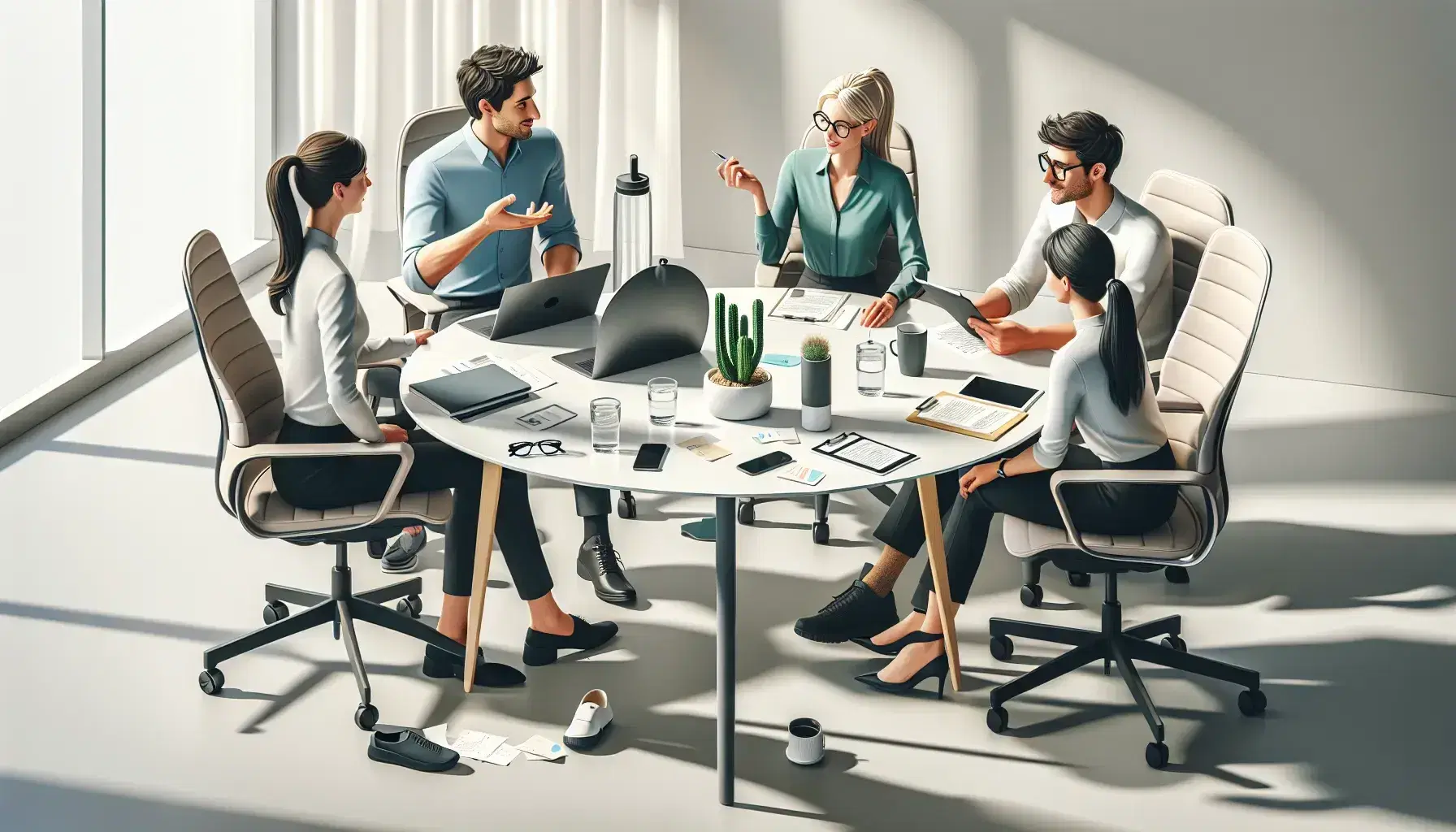 Equipo de trabajo diverso en reunión de oficina con laptop, teléfono, botella de agua y cactus sobre mesa redonda, en ambiente iluminado naturalmente.