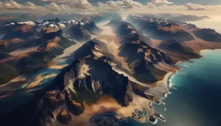 Vista aérea de una cadena montañosa con formaciones rocosas estratificadas, vegetación variada y una costa con playas y acantilados bajo un cielo parcialmente nublado.