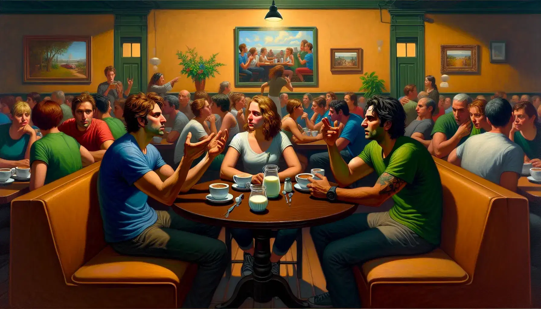 Gruppo di tre persone in vivace discussione in un caffè accogliente con tazze di caffè, brocca di latte e zuccheriera sul tavolo.