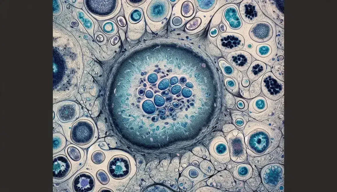 Vista microscópica de tejido embrionario con células en distintas fases de desarrollo, destacando una célula central con núcleo azul oscuro y citoplasma claro, rodeada de células menores con núcleos visibles y conexiones intercelulares.