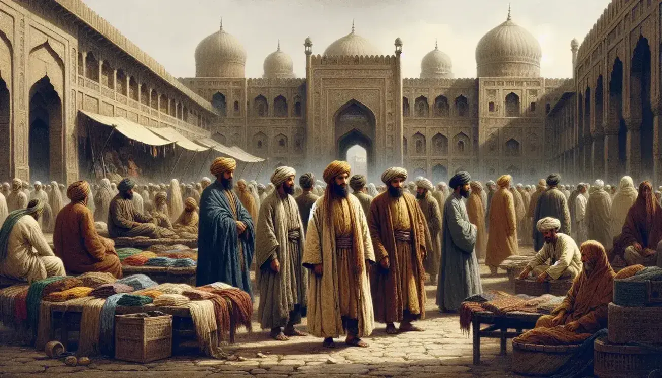Bustling Mughal-era market scene with people in simple attire, colorful textiles, and traditional architecture with domes and arches under a clear blue sky.
