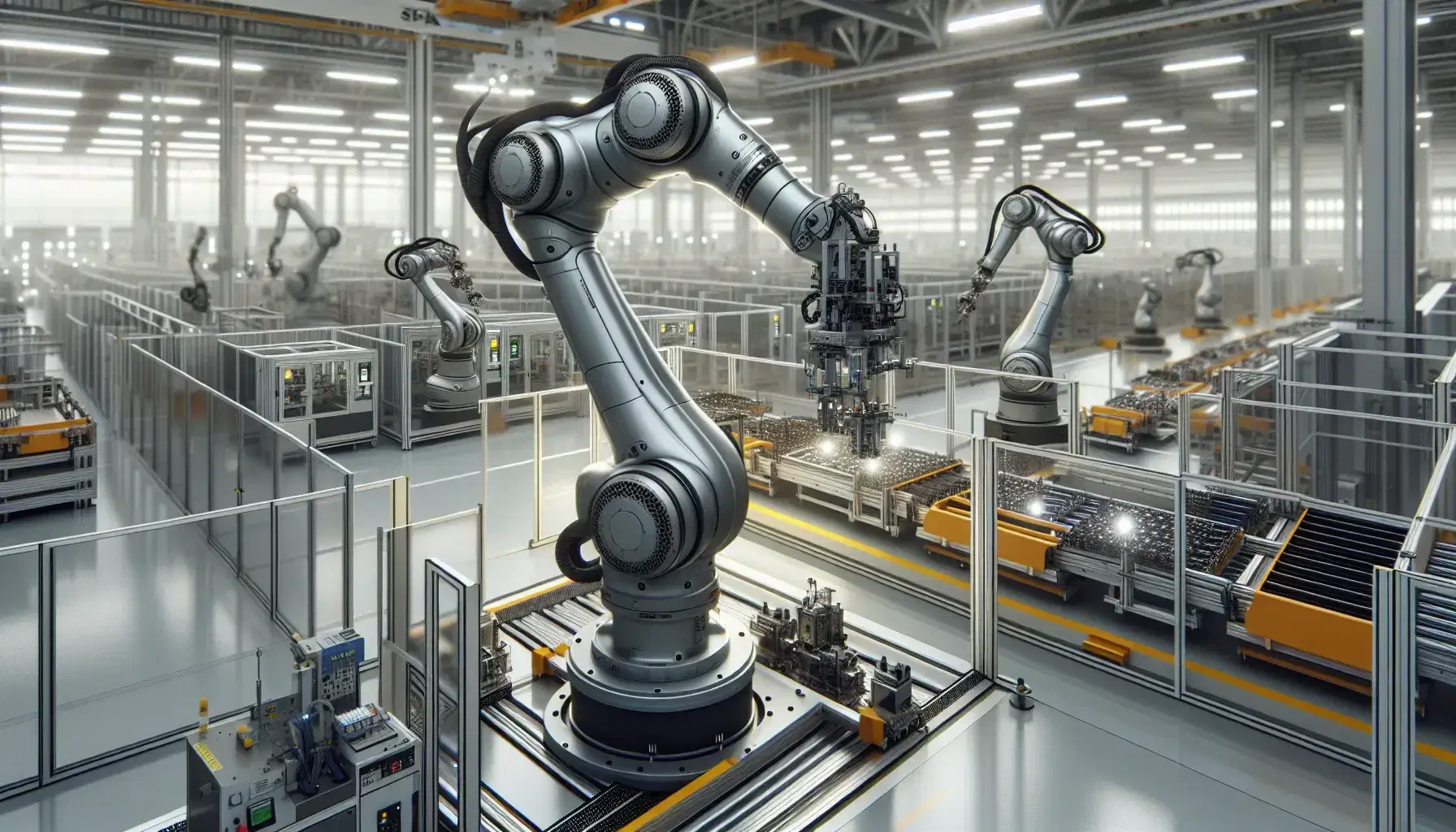 Modern Spanish industrial factory floor with advanced robotics, safety barriers, and workers in safety gear operating touch screen panels under bright LED lighting.