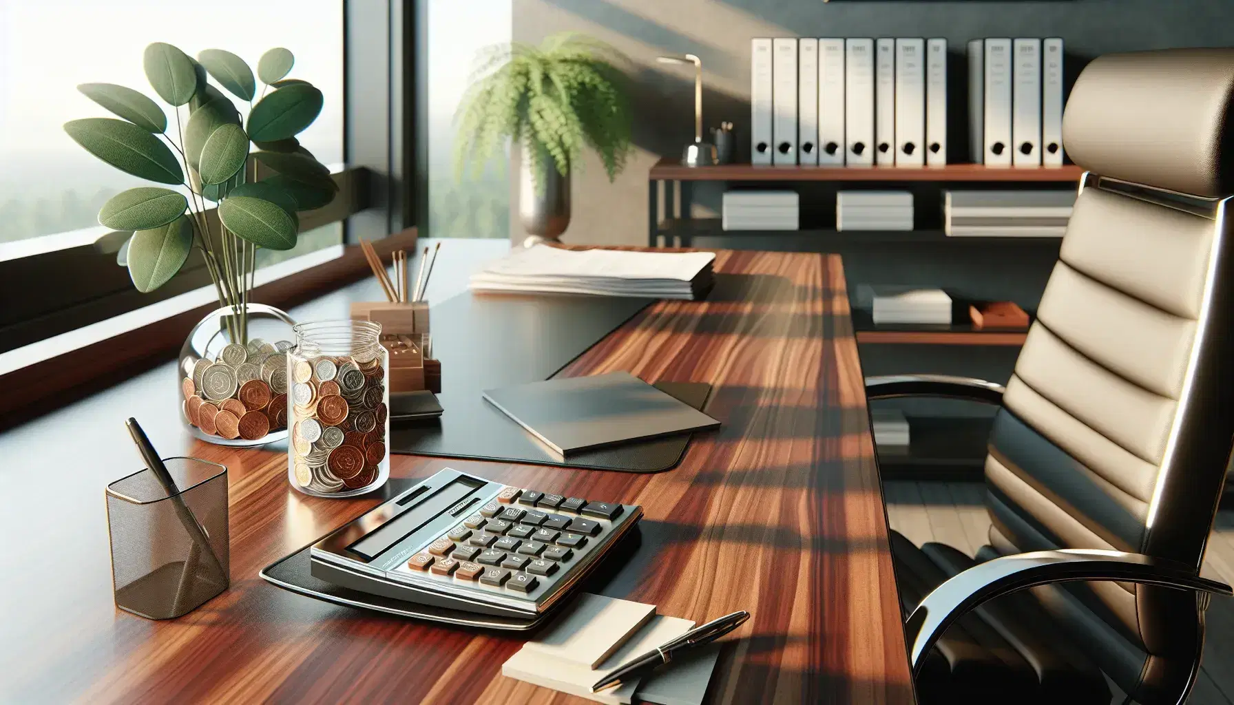 Organized office with polished mahogany desk, modern calculator, stack of papers, coin-filled glass jar, black leather chair, and potted plant by a sunny window.