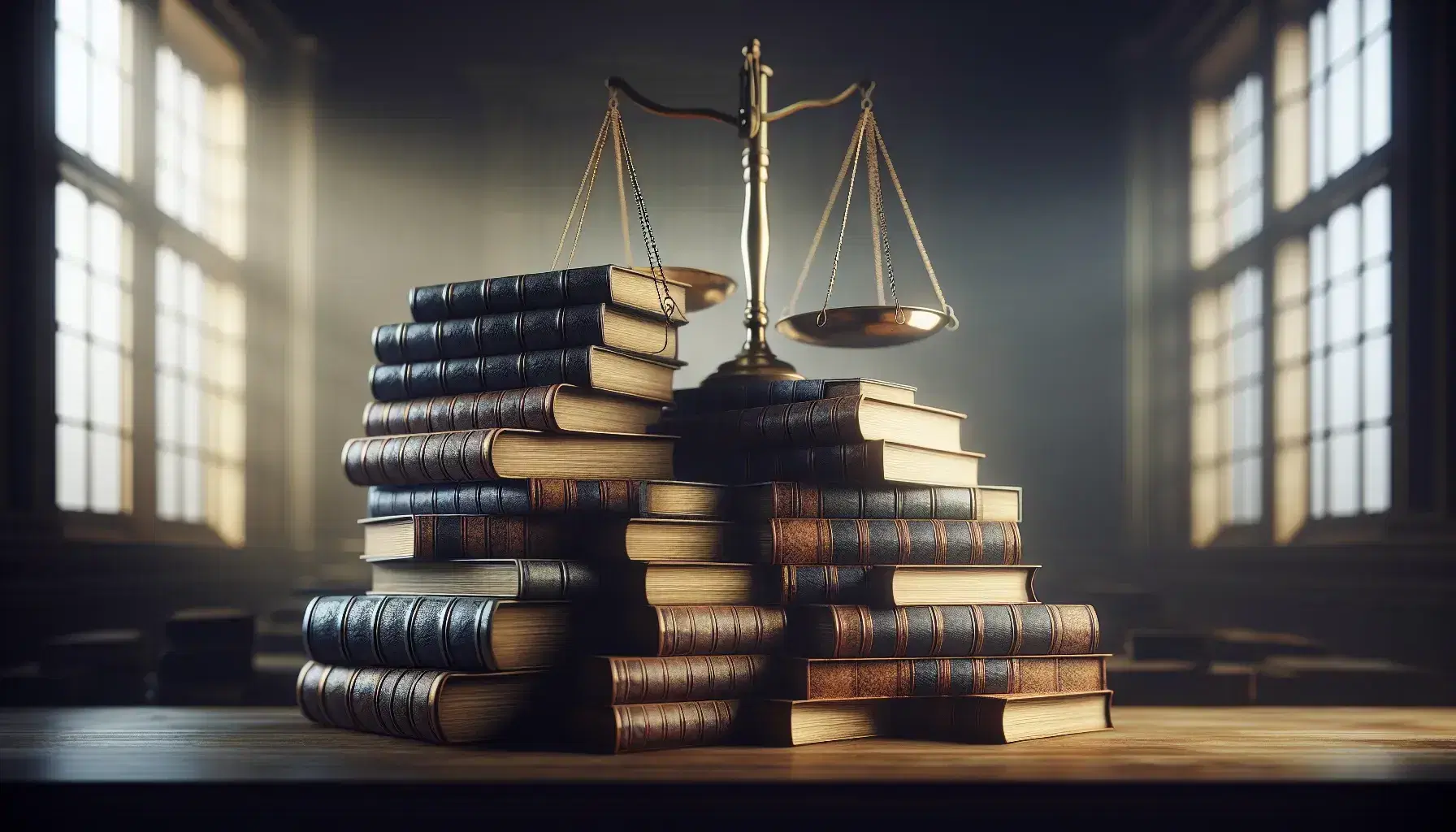 Bilancia della giustizia in ottone lucido sopra una pila di voluminosi tomi di legge antichi in una biblioteca con luce naturale.