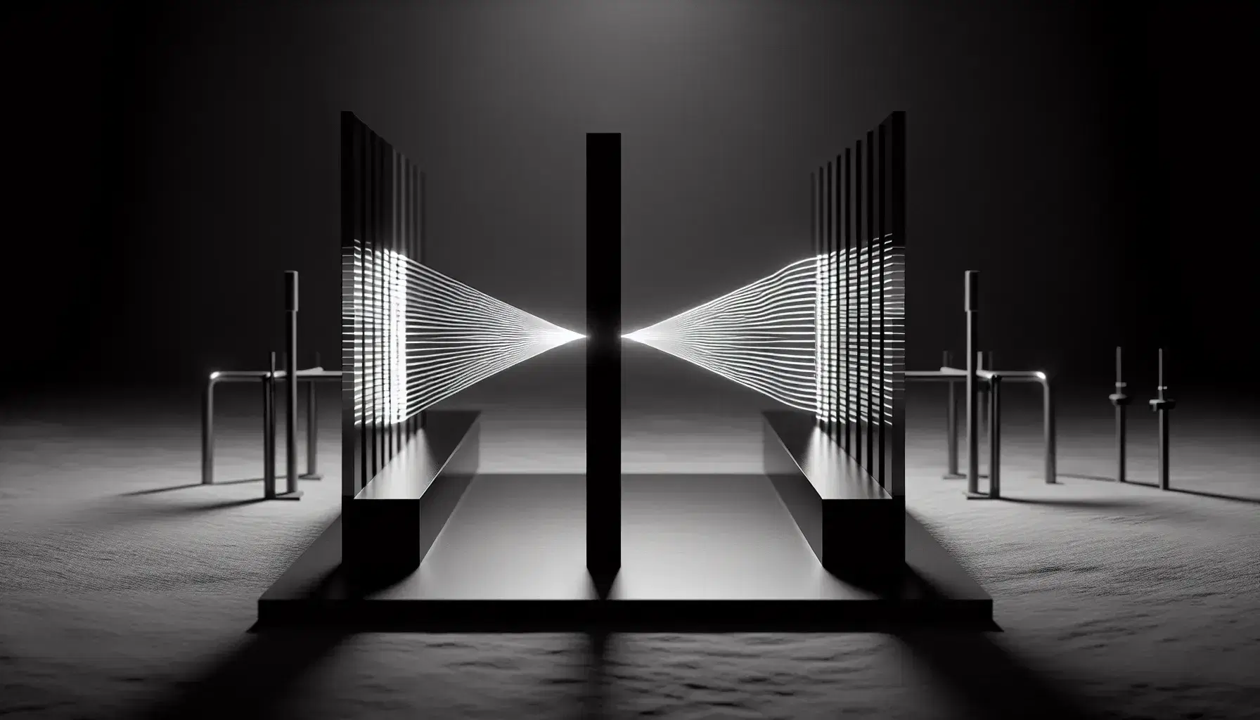 Double-slit experiment setup showing a barrier with two slits and a screen with a visible interference pattern of light and dark bands.