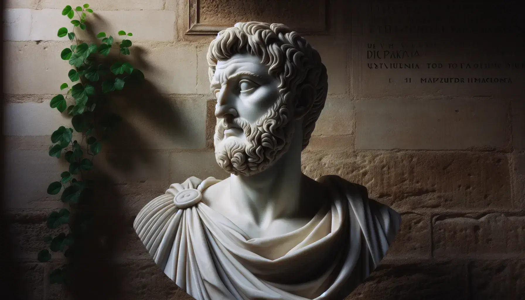 Busto in marmo bianco del filosofo Seneca con toga, espressione seria e pensierosa, su sfondo di muro antico con piante rampicanti.