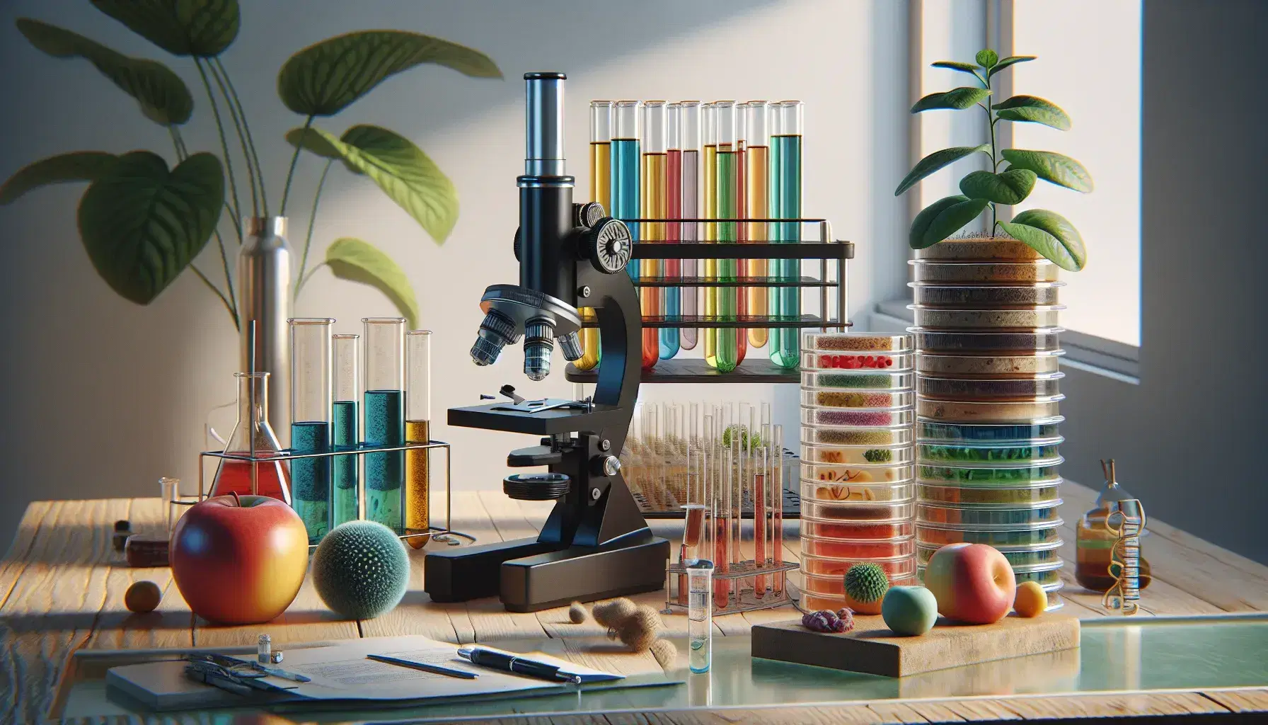 Tavolo da laboratorio con microscopio ottico, piastre di Petri con colonie batteriche, provette colorate, pianta in vaso e frutta.