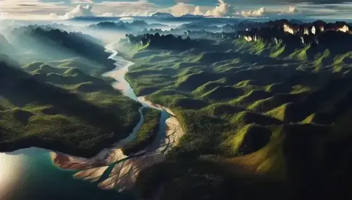Vista aerea di una foresta pluviale con fiume serpeggiante, montagne innevate sullo sfondo e piccola area disboscata in primo piano.