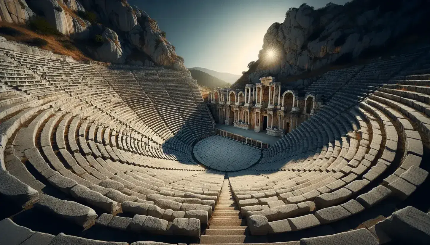 Teatro greco antico scolpito nella roccia con gradinate semicircolari e orchestra circolare, sotto un cielo azzurro senza nuvole.