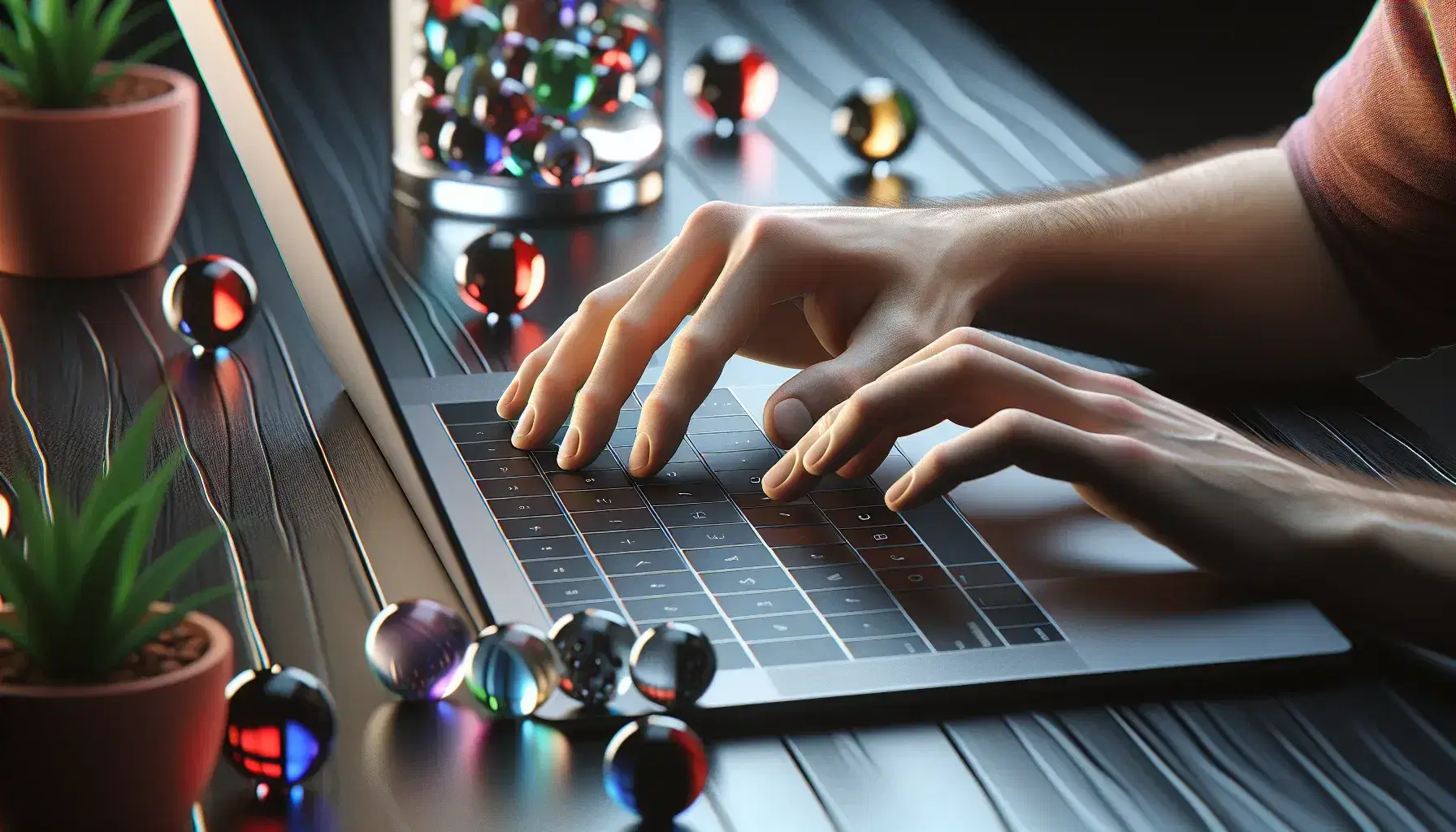 Hands typing on silver laptop keyboard on dark wooden desk, next to glass with colorful marbles and blurry green plant in background.