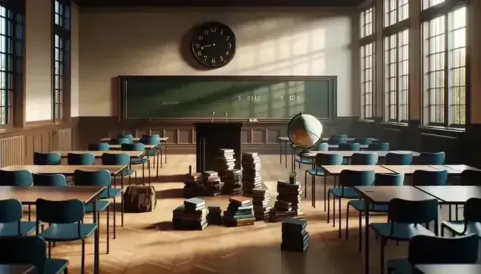 Aula universitaria vuota con sedie impilate, podio in legno, orologio al muro e lavagna verde, libri e mappamondo sul podio.