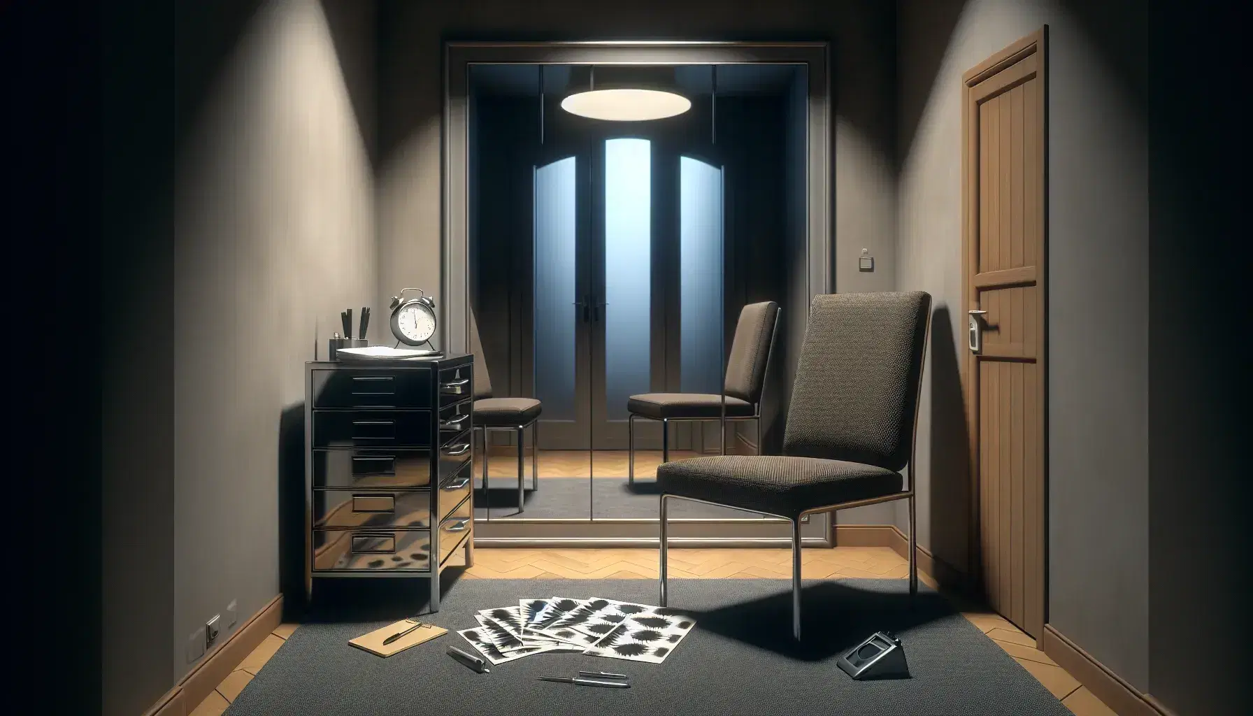 Dim interrogation room with one-way mirror, metal chair with gray cushions, table with Rorschach test, stopwatch and notepad.