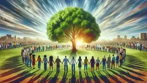 Grupo diverso de personas unidas de la mano en círculo alrededor de un árbol frondoso en un parque, simbolizando unidad bajo un cielo despejado.