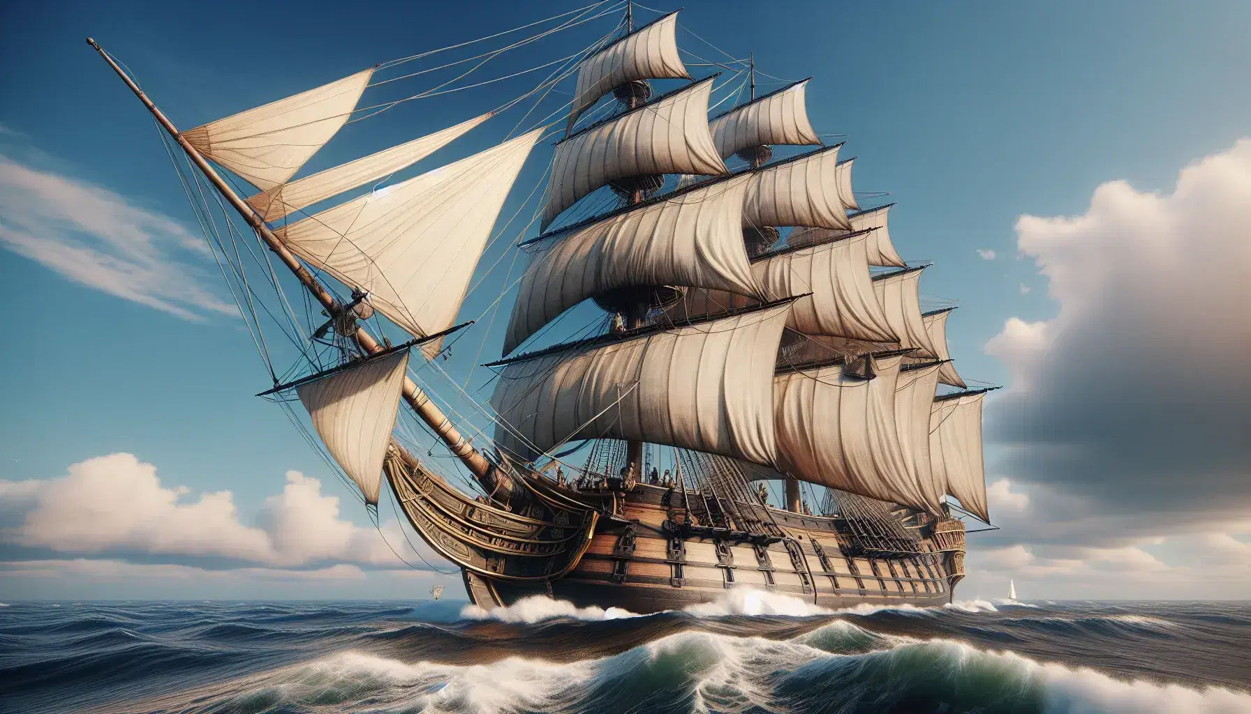 Three-masted sailing ship with full sails on blue sea, wooden hull visible, sailors on deck, under a clear sky with sun casting light and shadows.