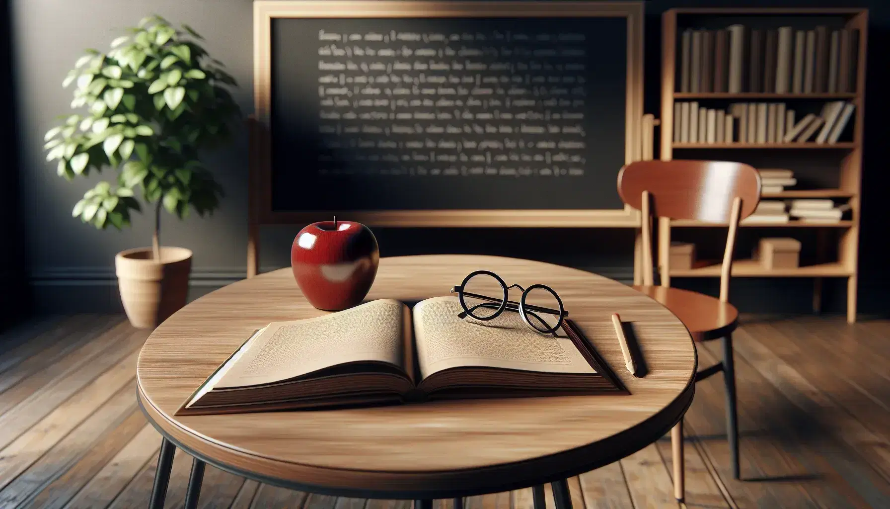 Cozy classroom with a round wooden table holding an open textbook, black-rimmed glasses, and a red apple, beside a clean chalkboard and a potted plant.