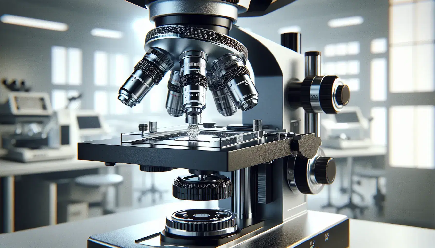 Microscopio óptico moderno en primer plano con torreta de objetivos y controles mecánicos, sobre un fondo desenfocado de laboratorio.