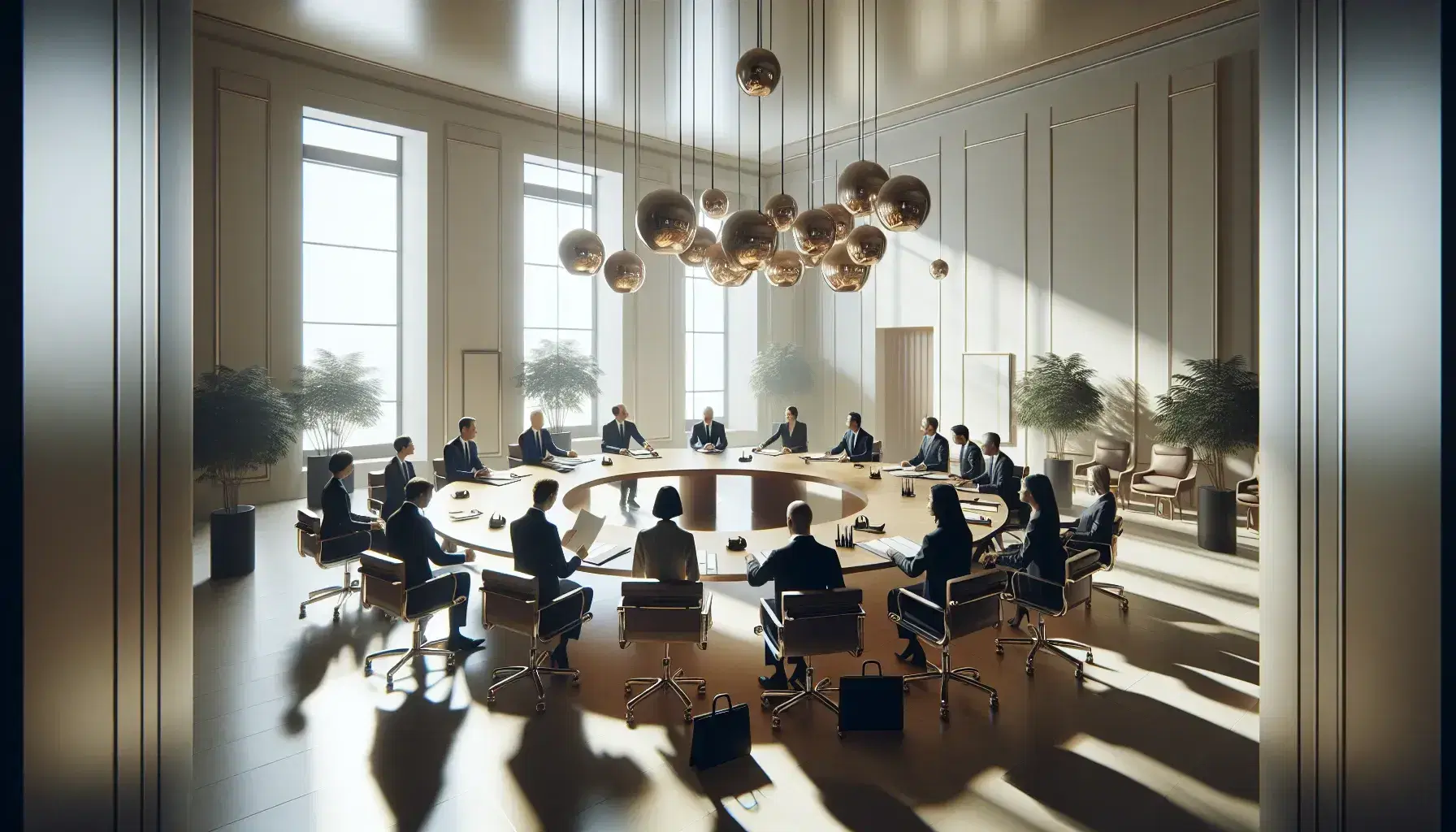 Sala de reuniones iluminada con mesa redonda, sillas de cuero negro y personas en atuendo formal discutiendo documentos.
