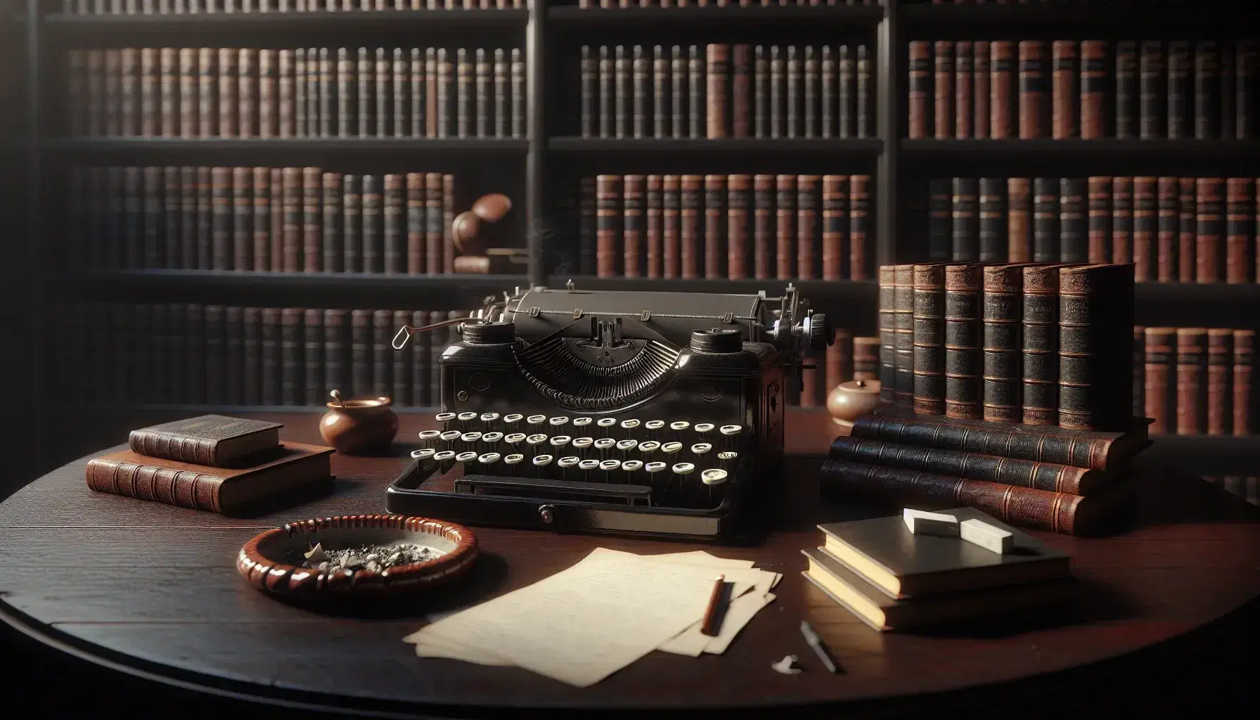 Máquina de escribir antigua con teclas redondas sobre mesa de madera oscura, junto a papeles desordenados y cenicero con cigarrillo, estantería con libros encuadernados al fondo.
