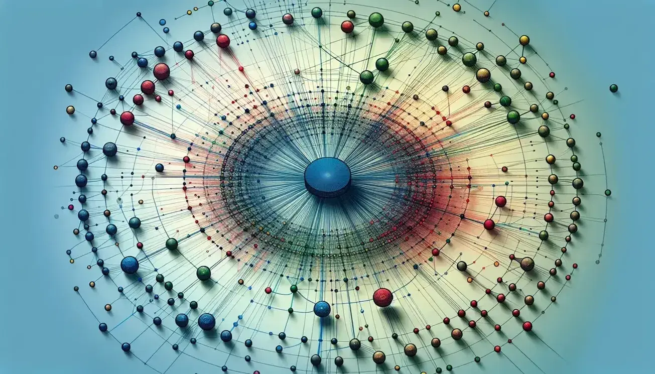 Network of interconnected nodes with blue central node and peripheral nodes in green, red and yellow connected by colored lines on light gray background.