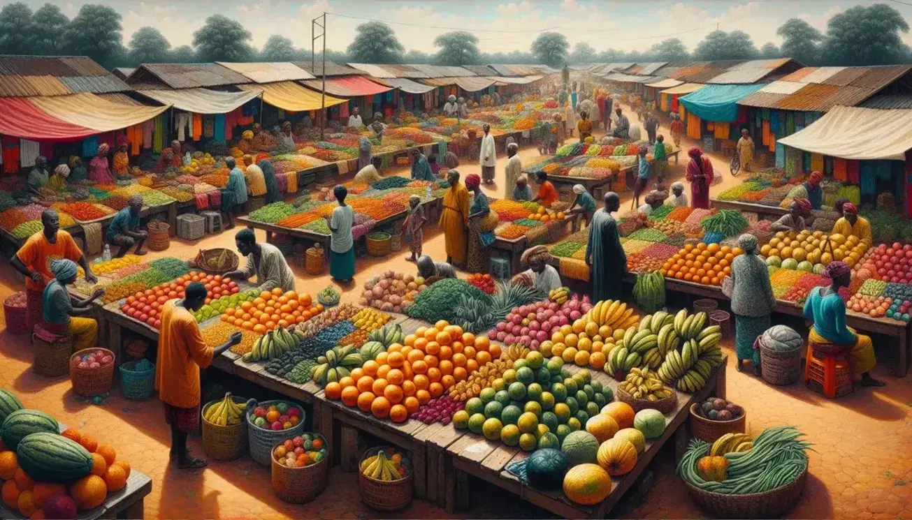 Open-air market in a developing country with colorful fruit and vegetable stalls, local crafts and people trading.