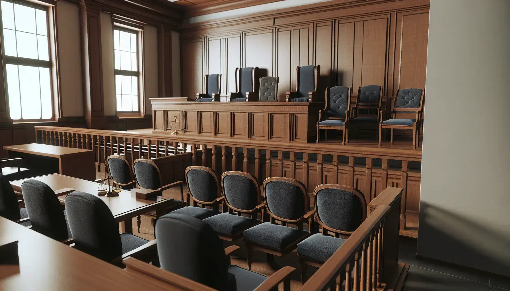 Empty courtroom with jury box in the foreground, empty lawyers' desks and judge's bench in the background, solemn atmosphere.