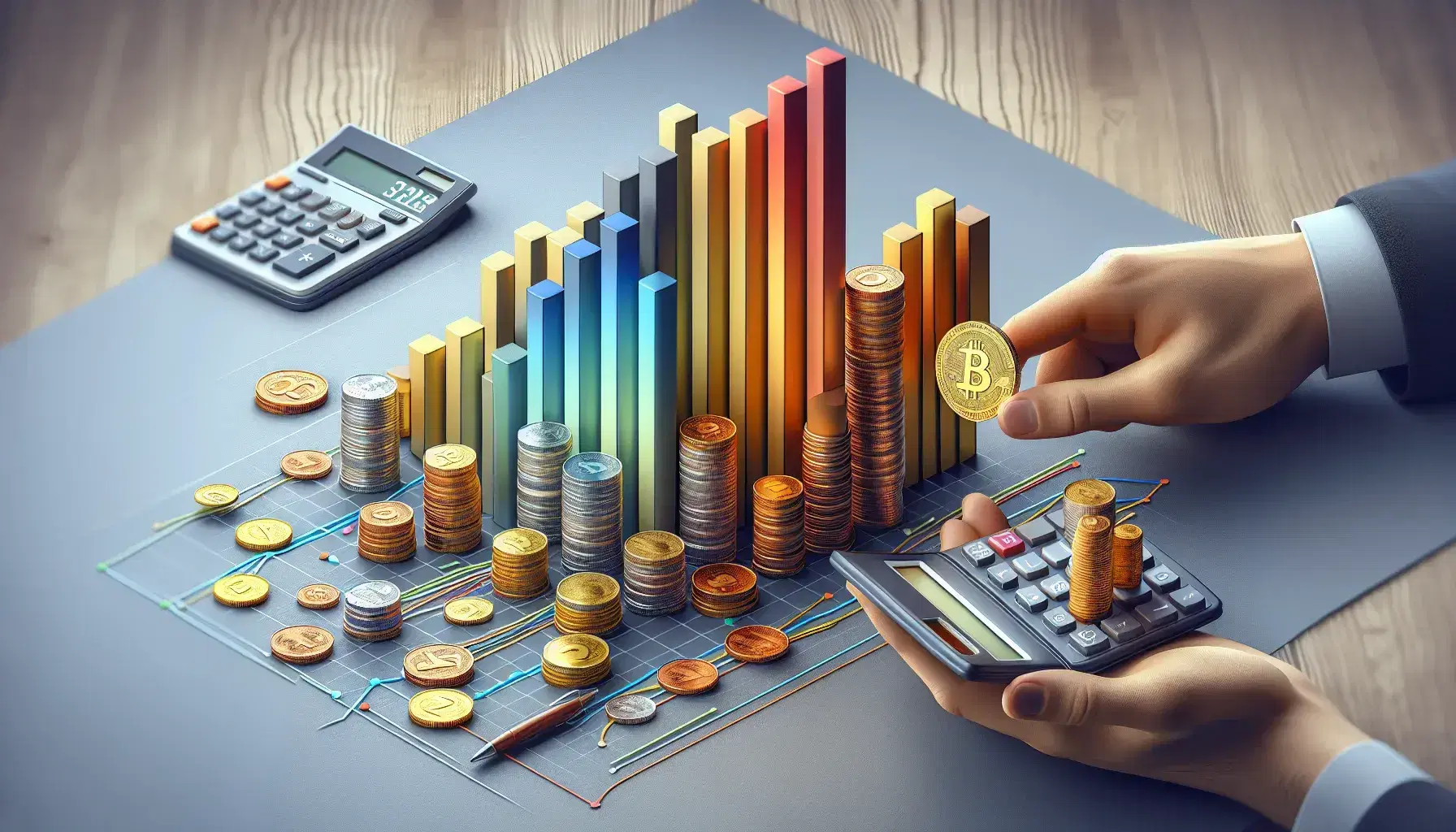 Monedas apiladas formando torres junto a un gráfico de barras 3D y una calculadora, con manos sujetando una moneda dorada.