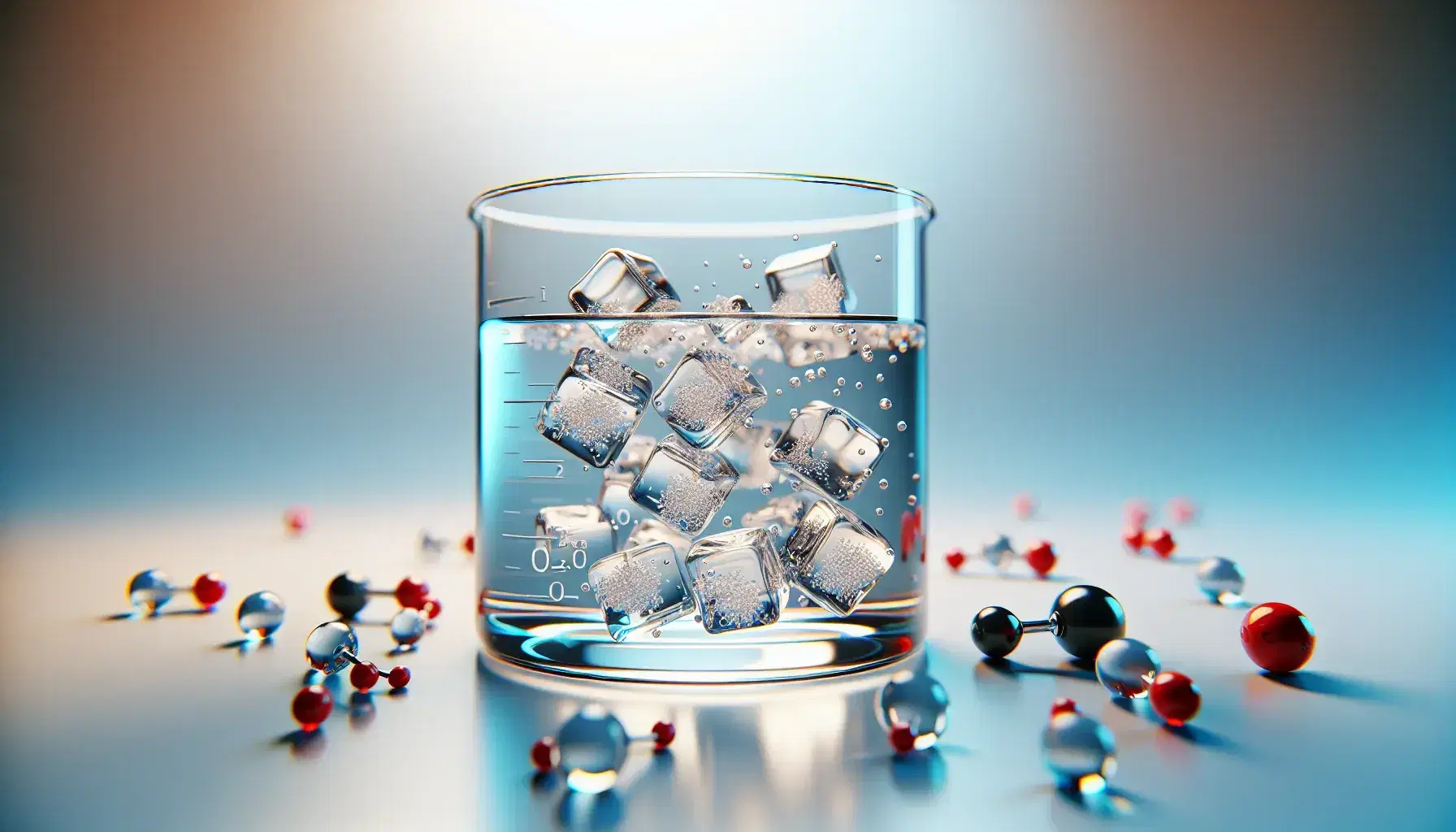 Transparent glass beaker with water and ice cubes on reflective surface, surrounded by molecular models of O2 and CO2.
