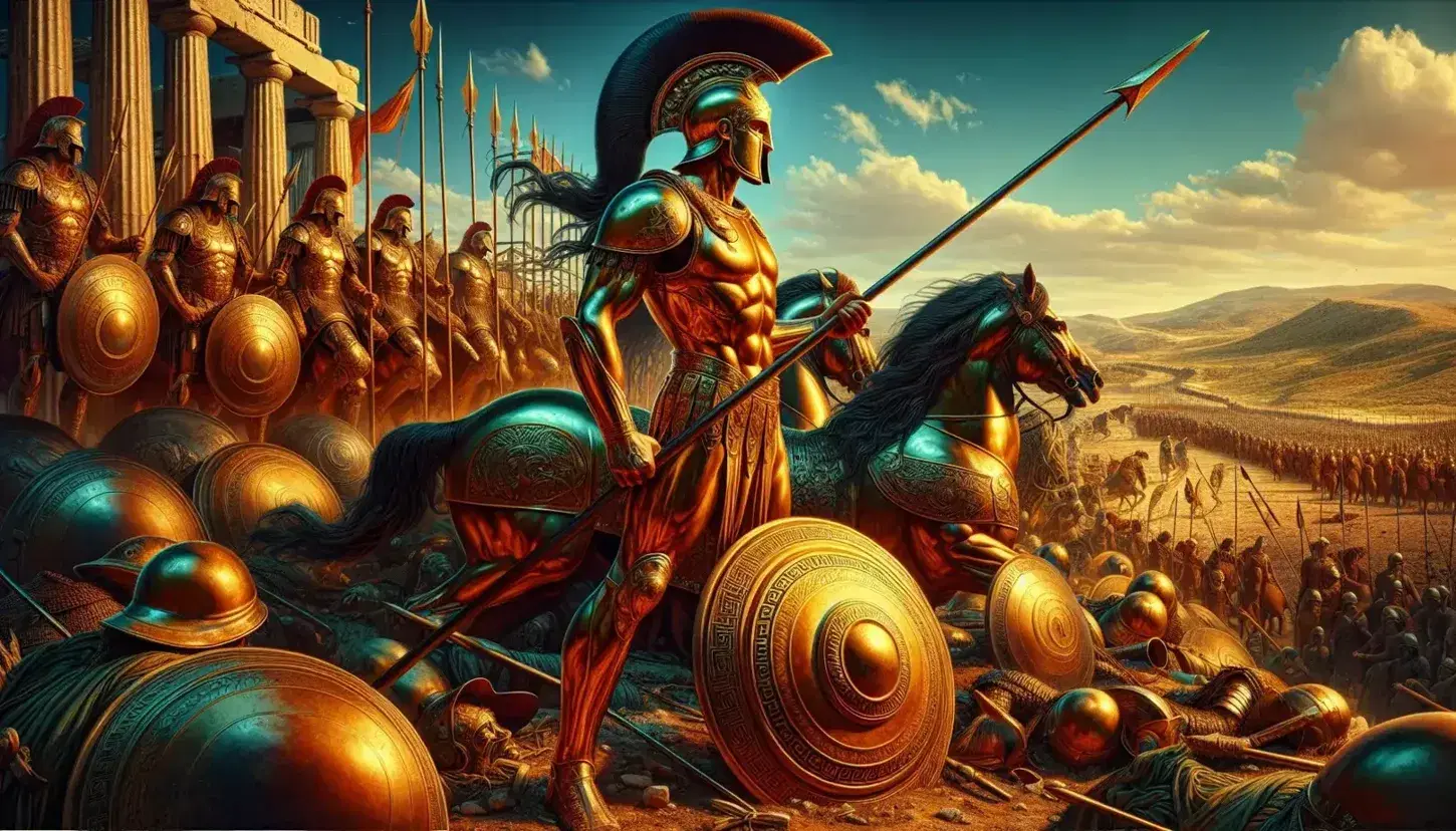 Guerriero in armatura di bronzo con lancia su campo di battaglia antico, cavalieri e rovine greche sullo sfondo, cielo azzurro.