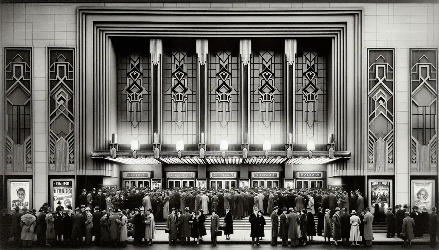 1930s American movie theater with Art Deco facade, bustling crowd in period attire, and indistinct movie posters, evoking Hollywood's golden age.