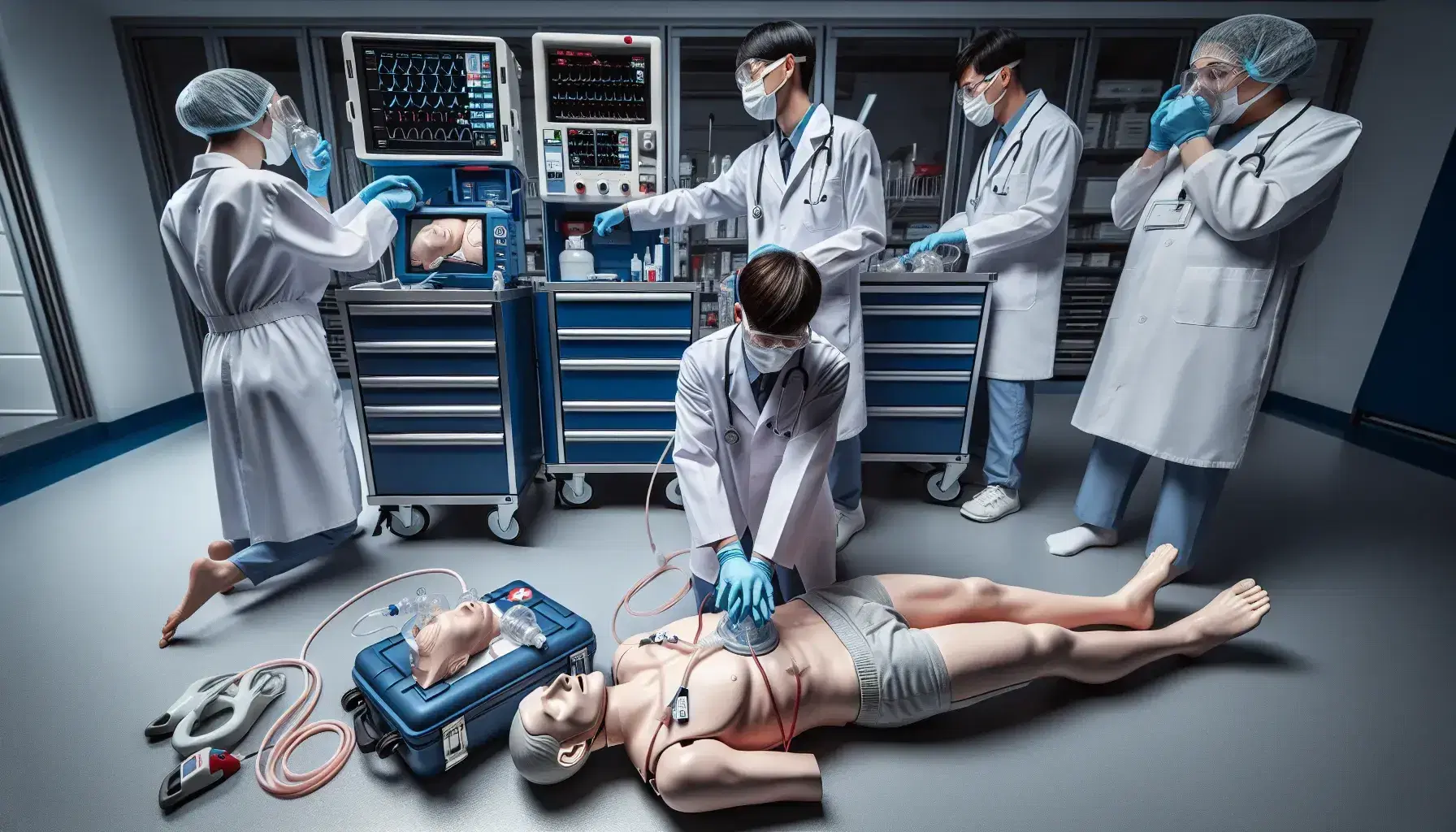Profesionales de la salud realizando RCP en maniquí de entrenamiento con desfibrilador y carro de paro cardíaco al fondo.