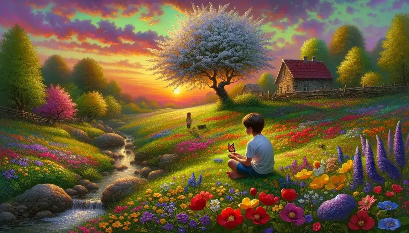 Bambino seduto in prato fiorito osserva farfalla arancione al tramonto, con casa di campagna e ciliegio in fiore sullo sfondo.