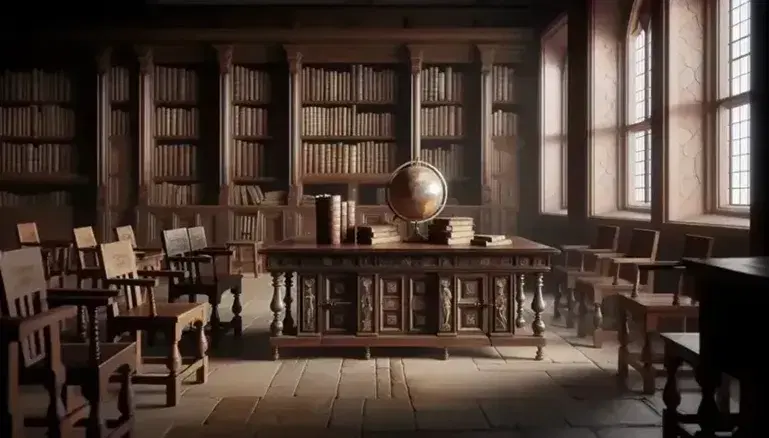 Aula antigua con mesa de madera oscura tallada, sillas a juego, globo terráqueo antiguo, estantería con libros y atril con libro abierto bajo luz suave.