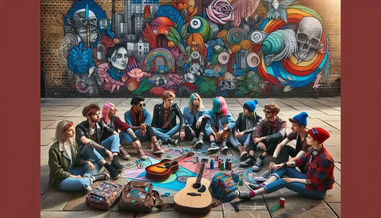 Grupo diverso de jóvenes sentados en semicírculo en espacio urbano con guitarra, zapatillas pintadas y murales de graffiti, reflejando estilos y subculturas variadas en una tarde soleada.