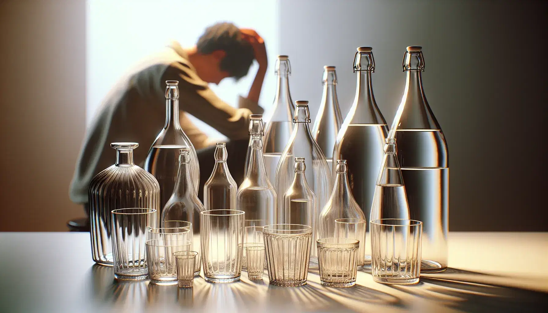 Colección de botellas de vidrio transparentes y vasos vacíos en superficie clara con figura humana desenfocada y preocupada al fondo.