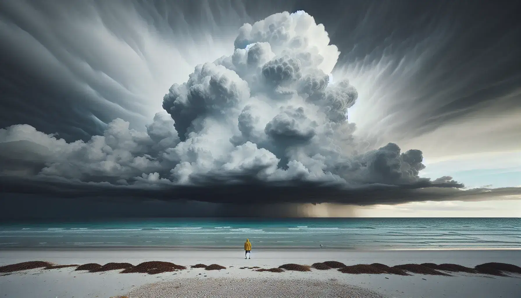 Cielo tempestoso con nuvole scure sopra spiaggia deserta, mare agitato e figura umana in impermeabile giallo che osserva l'orizzonte.