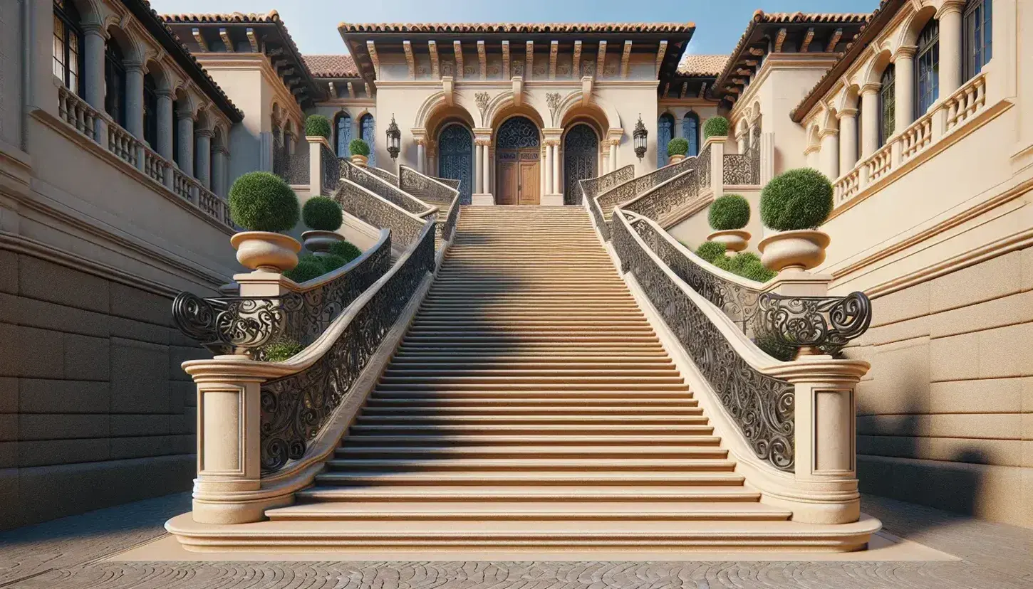 Traditional Spanish-style building with terracotta tiles, approached by a flight of ten smooth stone steps with ornate wrought-iron railings and flanked by lush potted plants.