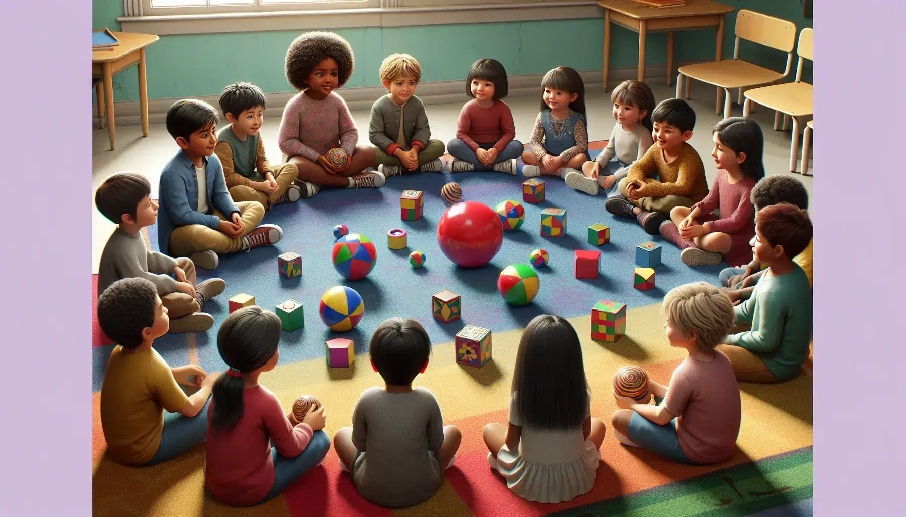 Children of different ethnicities sitting in a circle on a colorful carpet share geometric toys in a bright school classroom.