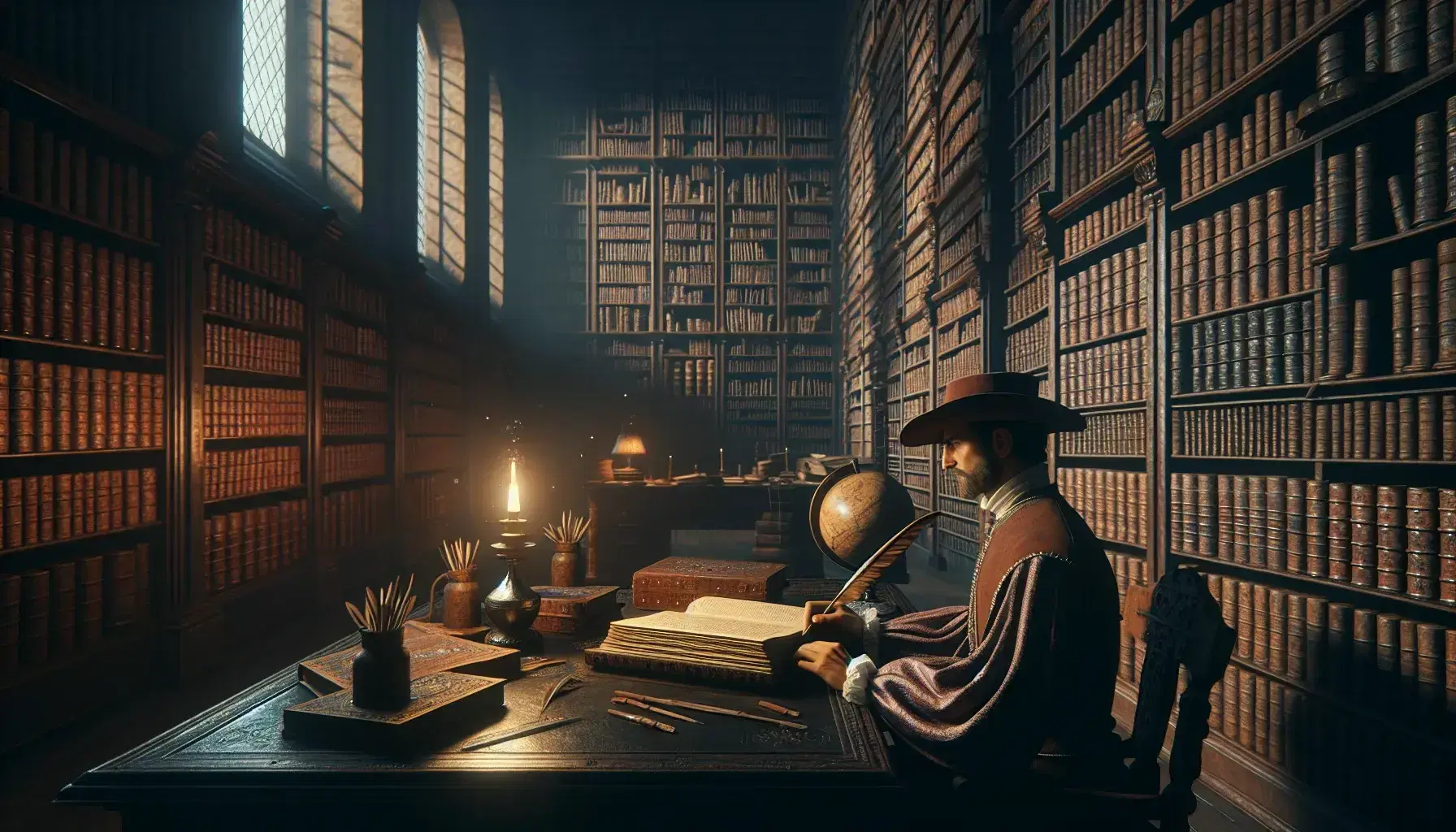 Uomo in abiti d'epoca scrive con penna d'oca su libro antico in biblioteca storica, circondato da scaffali di libri, globo e gatto attento.